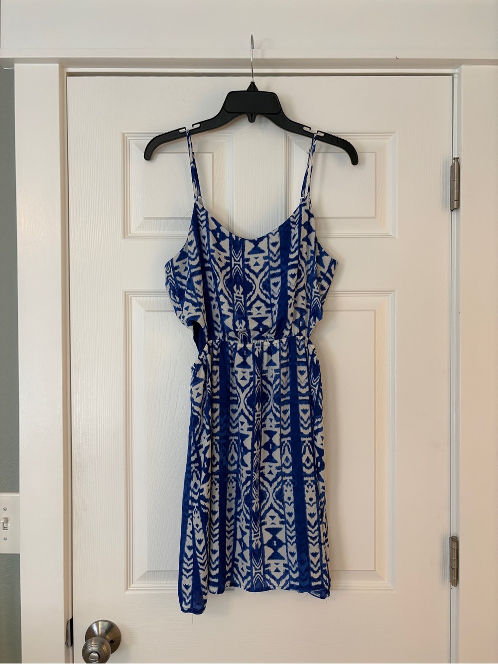 Aqua Blue and White Printed V-Neck Dress